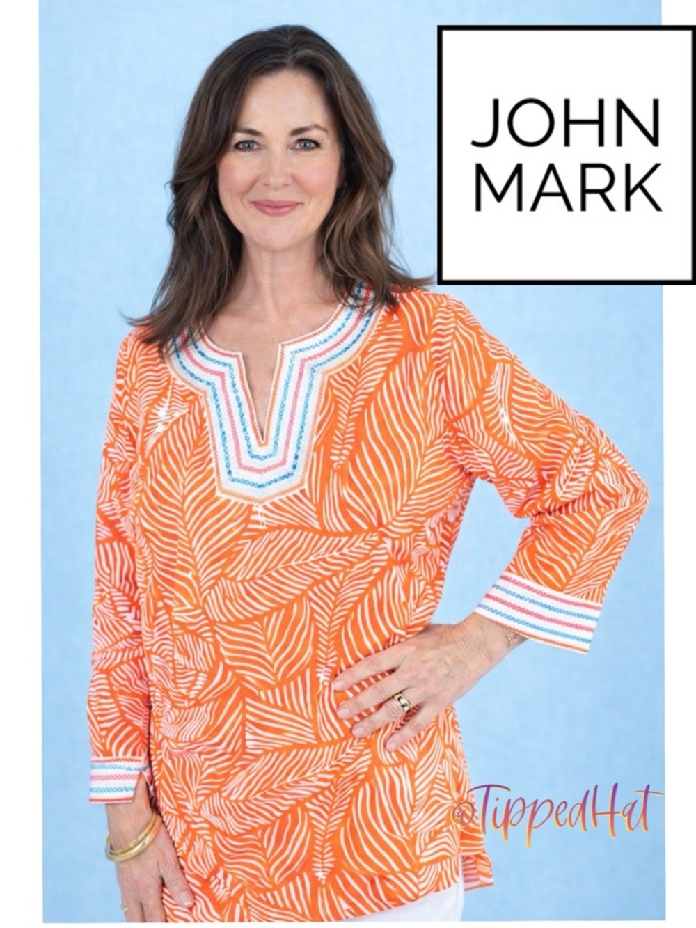 NWT $109 John Mark 3/4 Sleeve Embroidered Trim Top – Island Dreaming